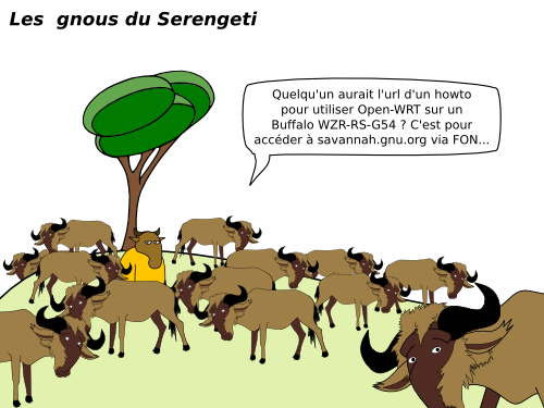 Les  gnous du Serengeti Quelqu'un aurait l'url d'un howto pour utiliser Open-WRT sur un  Buffalo WZR-RS-G54 ? C'est pour  accéder à savannah.gnu.org via FON...