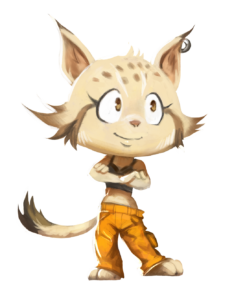Dessin de Shane, la Lynx mascotte de Emancip'Asso. Elle est en tenus street wear, les bras croisés, confiante.
