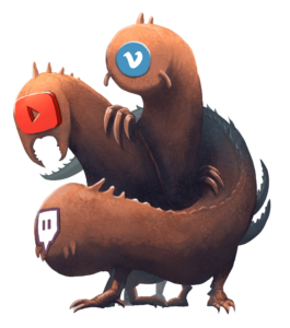 Illustration de Videoraptor, un monstre insectoïde dont les trois têtes sont ornées des logos de YouTube, Viméo et Twitch