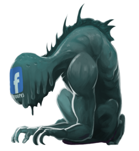 Illustration de Face Ghoûl, un monstre dégoulinant et griffu orné du logo de Facebook