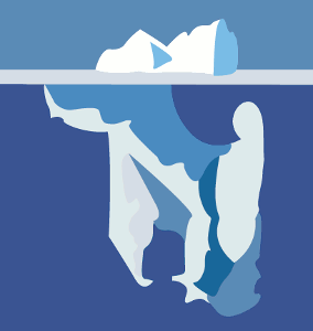 Iceberg vu de profil avec ses parties émergée et immergée