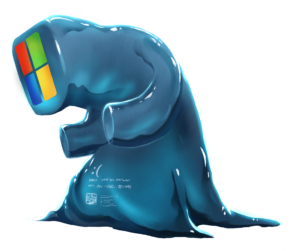 Illustraiton de MS Blue Scream, monstre de type blob, bleu, orné du logo de Windows