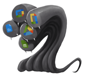 Illustration de Hydroffice, un monstre serpentin à cinq têtes avec des crocs, ornées des logos des outils de la Google Suite