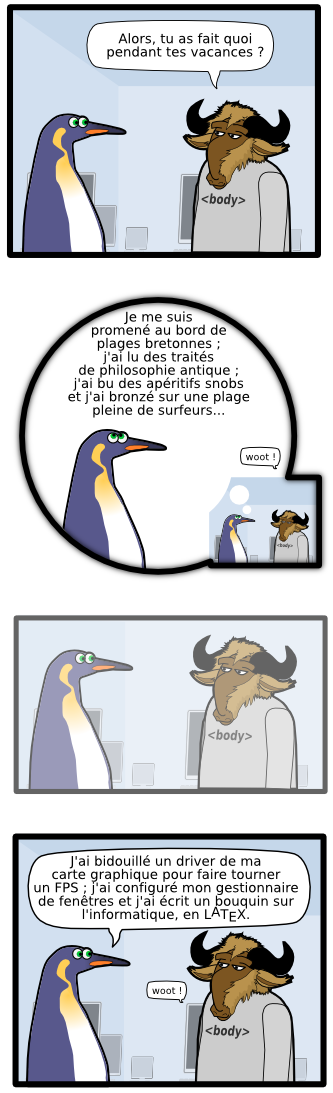 <body> Alors, tu as fait quoi pendant tes vacances ? <body> Je me suis  promené au bord de plages bretonnes ; j'ai lu des traités  de philosophie antique ; j'ai bu des apéritifs snobs et j'ai bronzé sur une plage pleine de surfeurs... woot ! J'ai bidouillé un driver de ma carte graphique pour faire tourner un FPS ; j'ai configuré mon gestionnaire de fenêtres et j'ai écrit un bouquin sur l'informatique, en LATEX. woot !