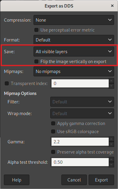 Exportation au format DDS dans GIMP 2.10.32 : nouvelles options "Retourner" et "Tous les calques visibles"