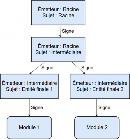 Illustration des liens de signatures entre les certificats et les modules