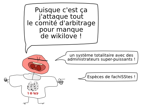 Puisque c'est ça j'attaque tout le comité d'arbitrage pour manque  de wikilove ! Espèces de fachiSStes ! I Ø WP un système totalitaire avec des  administrateurs super-puissants !