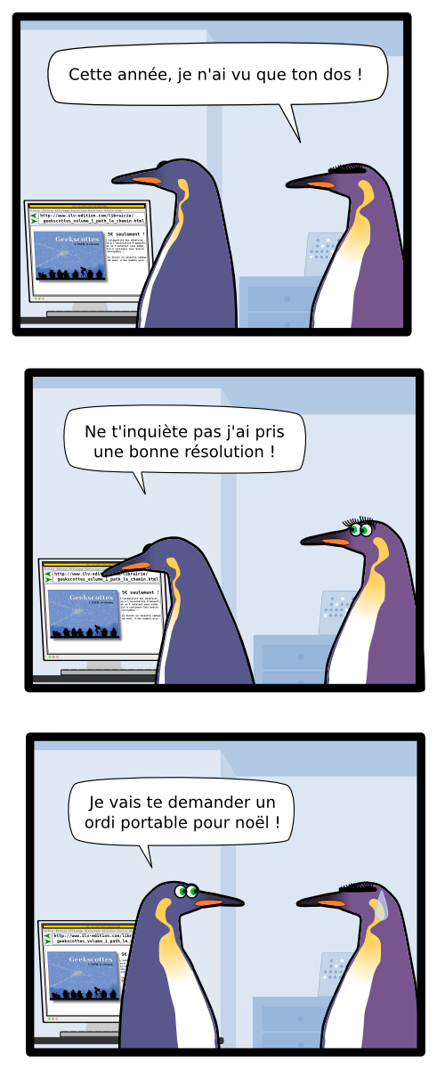 http://www.ilv-edition.com/librairie/  geekscottes_volume_1_path_le_chemin.html ion3, c'est vraiment chouette comme window manager Fichier Édition Affichage Historique Delicious Outils Aide export PATH="/usr/local/bin:/usr/bin:/bin:/usr/X11R6/bin cat /etc/bashrc | grep "export PATH" | sed -n "s/\"$/:\/usr\/sbin\"/p" >> ~/.bashrc A A P P A A T T H H $ $ : : " " P P A A T T T T H H H H H H A A : : : : : : " " " " " " P P P P P P P P " " $ $ $ $ $ $ $ $ 1. PATH, le chemin Geekscottes nojhan 5€ seulement ! L'intégralité des bénéfices va à l'association Framasoft, et en l'achetant vous aidez ILV à continuer leur boulot incroyable !  Ça ferait un chouette cadeau de noël, à mon humble avis... Cette année, je n'ai vu que ton dos ! Ne t'inquiète pas j'ai pris une bonne résolution ! Je vais te demander un ordi portable pour noël !