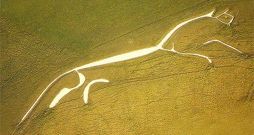 Le grand cheval, gravé dans le sol de craie de la colline, à Uffington, en Angleterre. JPEG - 63.7 ko