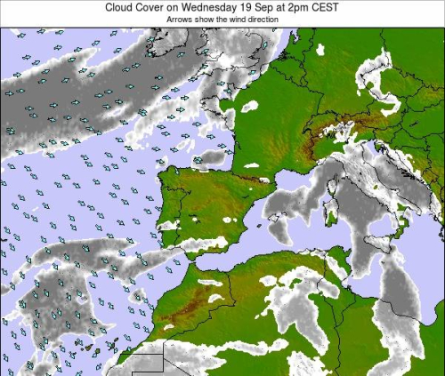 carte météo de l’ouest de l’Europe avec symboles de passages nuageux