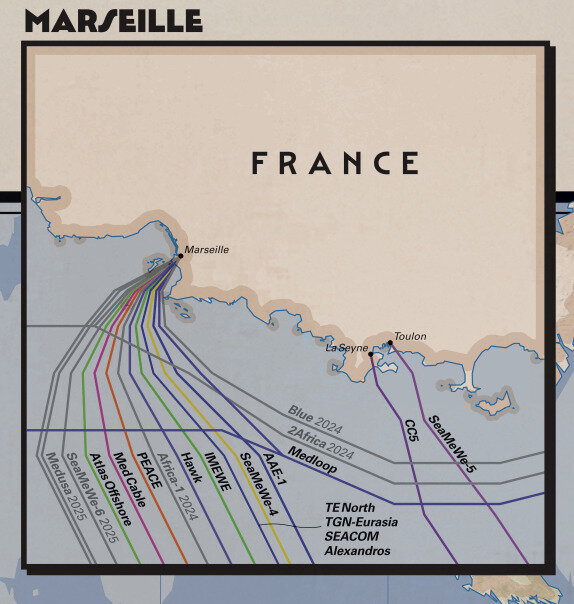 Carte des câbles sous-marins transcontinentaux arrivant aujourd'hui à Marseille. Source : Telegeography, Submarine Cable Map.