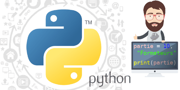 Le logo de Python est entouré de petites icônes symbolisant la variété des domaines où s’applique Python, et, à droite, un joyeux barbu se tient derrière un écran d’ordinateur qui affiche « partie = 10, "Formateurs" \n print(partie) »
