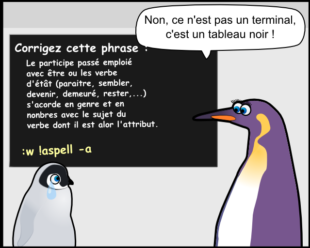 Non, ce n'est pas un terminal,  c'est un tableau noir ! :w !aspell -a Le participe passé emploié avec être ou les verbe  d'étât (paraitre, sembler, devenir, demeuré, rester,...)  s'acorde en genre et en  nonbres avec le sujet du  verbe dont il est alor l'attribut. Corrigez cette phrase :