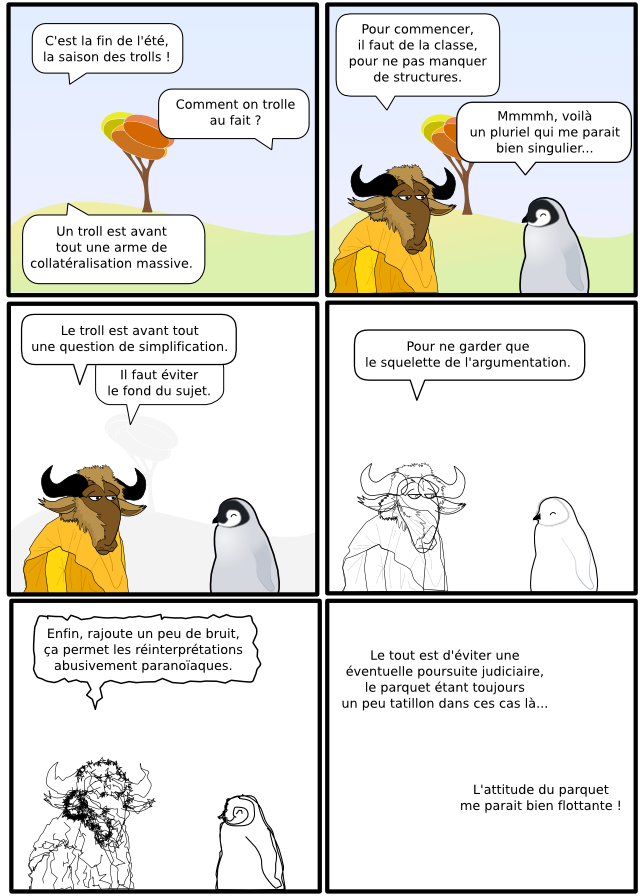C'est la fin de l'été, la saison des trolls ! Comment on trolle au fait ? Un troll est avant  tout une arme de  collatéralisation massive. Pour commencer, il faut de la classe, pour ne pas manquer  de structures. Mmmmh, voilà un pluriel qui me parait bien singulier... Le troll est avant tout une question de simplification. Il faut éviter  le fond du sujet. Pour ne garder que le squelette de l'argumentation. Enfin, rajoute un peu de bruit, ça permet les réinterprétations abusivement paranoïaques. Le tout est d'éviter une éventuelle poursuite judiciaire, le parquet étant toujours un peu tatillon dans ces cas là...  L'attitude du parquet me parait bien flottante !