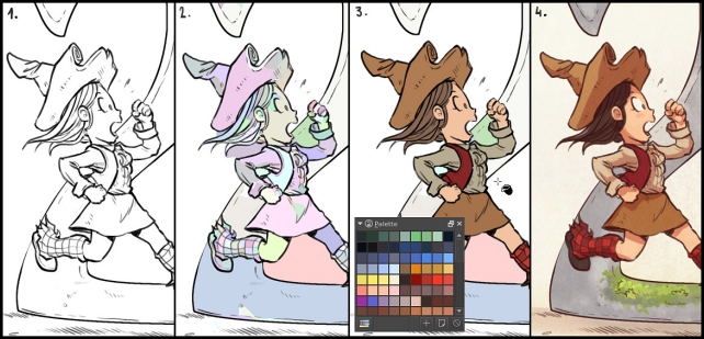 Étapes d’un processus de colorisation d’un dessin au trait