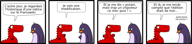 L'autre jour, je regardais  l'historique d'une notice  sur le Framawiki. Je vois une  modification. Et je me dis « putain,  putain,  mais trop un chipoteur  ce mec quoi ! ». ce mec quoi ! Et là, je me rends  compte que l'édition  était de moi... autocasse  récursive ?