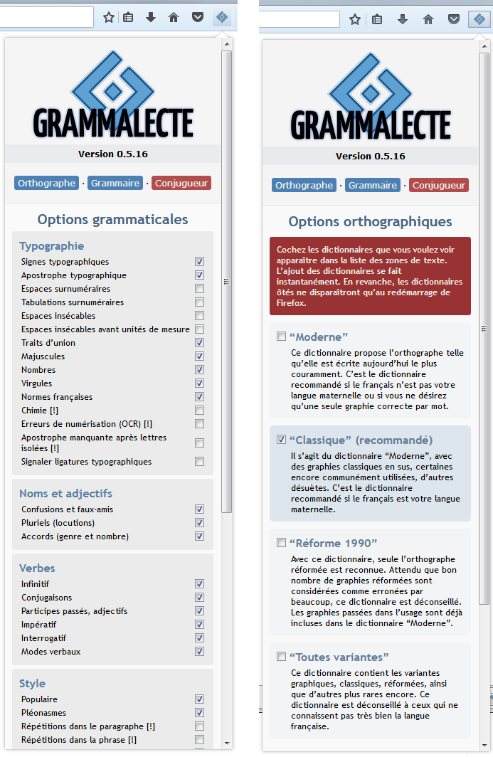 Source : https://www.dicollecte.org/grammalecte/img/fxtb_options1.png Options Firefox