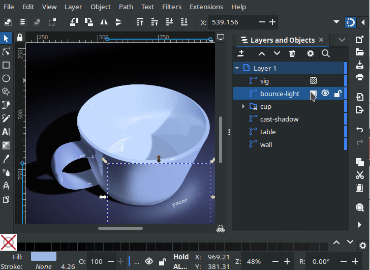 Setting opacity and blend mode in the Layers and Objects dialog