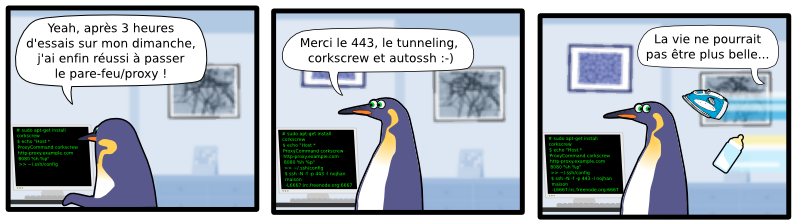 Yeah, après 3 heures d'essais sur mon dimanche, j'ai enfin réussi à passer le pare-feu/proxy ! Merci le 443, le tunneling,  corkscrew et autossh :-) La vie ne pourrait pas être plus belle... # sudo apt-get install  corkscrew $ echo "Host *   ProxyCommand corkscrew  http-proxy.example.com  8080 %h %p"  >> ~/.ssh/config # sudo apt-get install  corkscrew $ echo "Host *   ProxyCommand corkscrew  http-proxy.example.com  8080 %h %p"  >> ~/.ssh/config $ ssh -N -f -p 443 -l nojhan  maison  -L6667:irc.freenode.org:6667 # sudo apt-get install  corkscrew $ echo "Host *   ProxyCommand corkscrew  http-proxy.example.com  8080 %h %p"  >> ~/.ssh/config $ ssh -N -f -p 443 -l nojhan  maison  -L6667:irc.freenode.org:6667