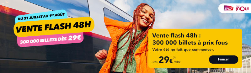 La bannière de la vente flash SNCF, bien colorée dans tous les coins, « À PRIX FOUS » !