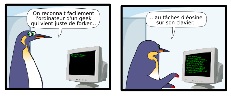 On reconnait facilement l'ordinateur d'un geek qui vient juste de forker... $ find /home   -name *couche* ... au tâches d'éosine sur son clavier. $ find /home   -name *couche* find: /home/lost+found:   Permission non accordée /home/nojhan/.Trash   /couches/lundi.bzip2 /home/nojhan/.Trash   /couches/mardi.bzip2 /home/nojhan/.Trash   /couches/mercredi.bzip2