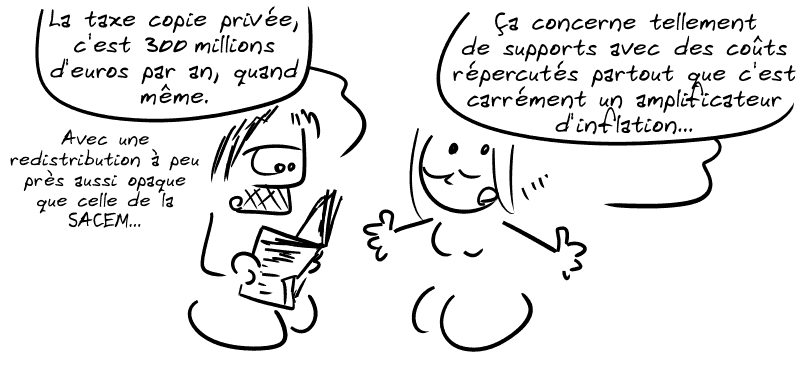 Gee, lisant un journal : « La taxe copie privée, c'est 300 millions d'euros par an, quand même. Avec une redistribution à peu près aussi opaque que celle de la SACEM. » La Geekette : « Ça concerne tellement de supports avec des coûts répercutés partout que c'est carrément un amplificateur d'inflation… »