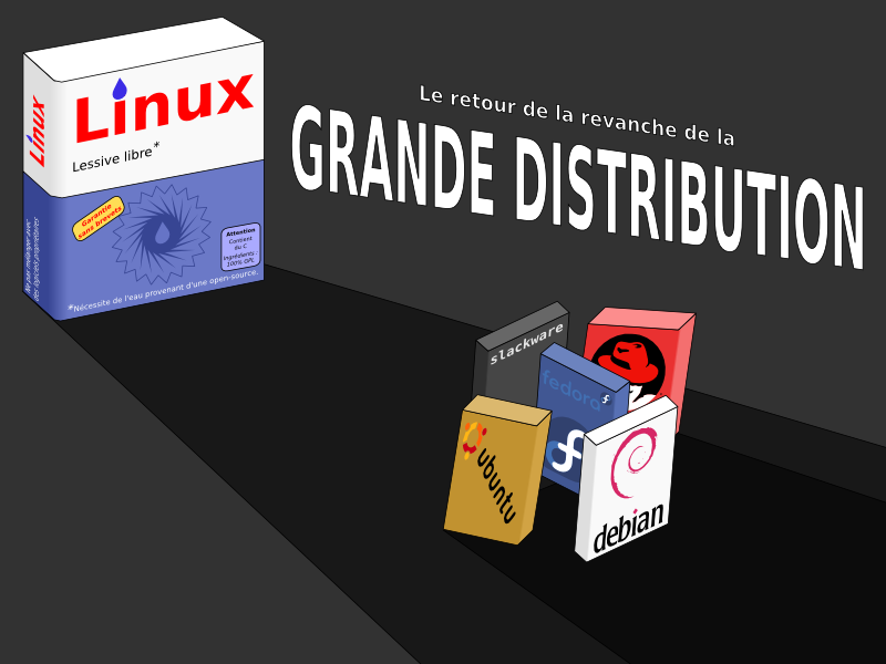 Le retour de la revanche de la GRANDE DISTRIBUTION slackware Lessive libre * Linux Nécessite de l'eau provenant d'une open-source. * Garantie sans brevets Attention  Contient du C Ingrédients : 100% GPL Linux Ne pas mélanger avec des logiciels propriétaires