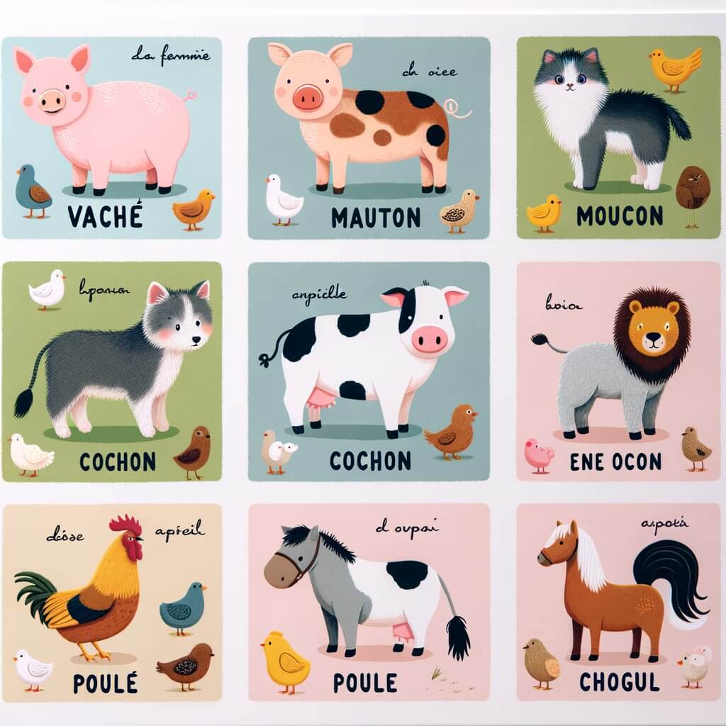 Un imagier pour enfants avec des animaux. Certains animaux sont des fusions, d'autres sont mal nommés : Le cochon est appelé « Vache », ou ce qu'il semble être la fusion entre un chat et un chien un « cochon ».