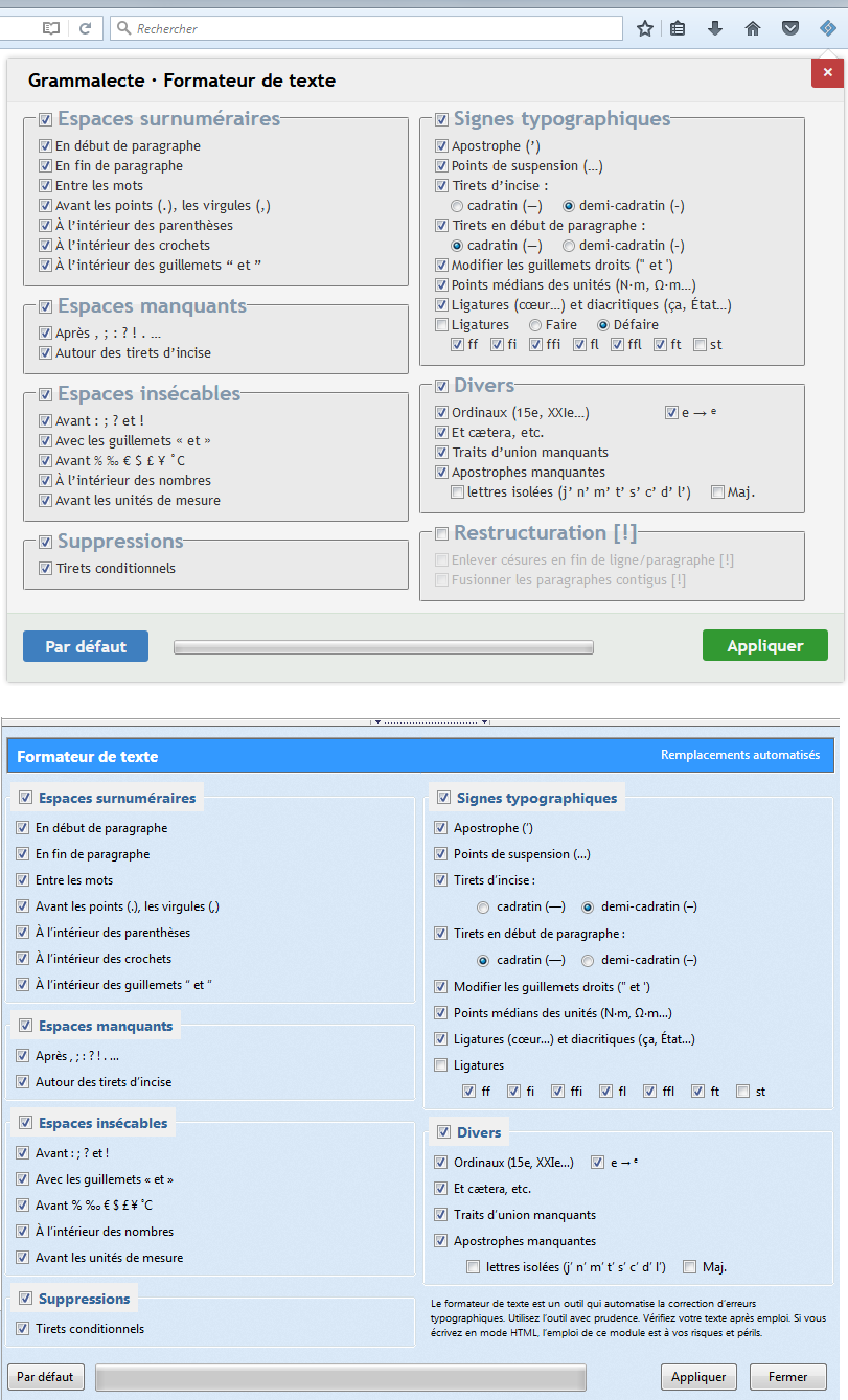 Source : https://www.dicollecte.org/grammalecte/img/fxtb_formateur.png Formateur de texte