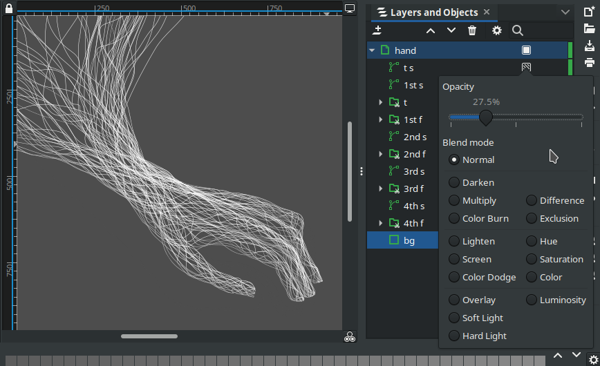 Graphic of a hand made of lines demonstrating the new features of the layers panel