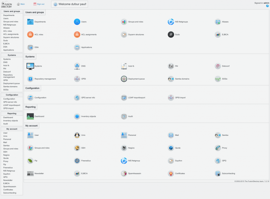 Source : https://documentation.fusiondirectory.org/_media/en/pictures/screenshot/main-menu.png?cache=&w=899&h=664&tok=04fadb écran d'accueil FusionDirectory
