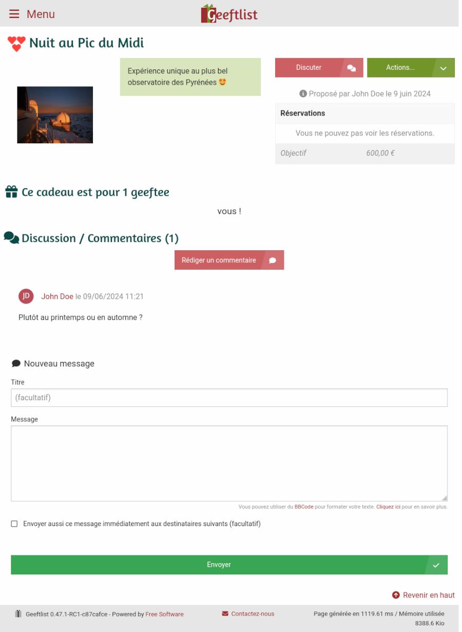 Geeftlist : Page vue cadeau à découvert