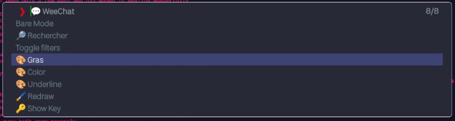 Le menu propose de 8 choix possibles certains avec des emojis pour accompagner. On peut déclencher le bare mode, lancer une recherche, activer les filtres, mettre du gras, mettre une couleur, souligner, redessiner la fenêtre, afficher les touches