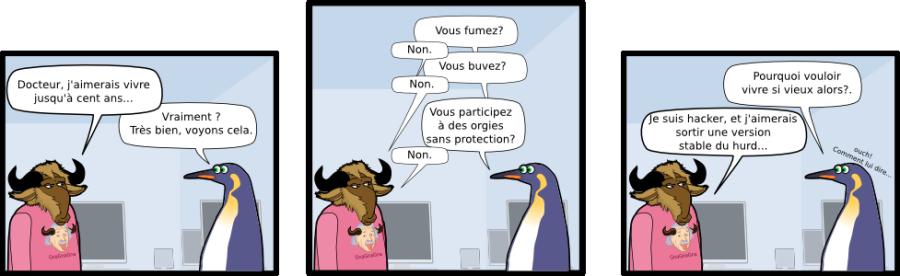 Vraiment ? Très bien, voyons cela. Docteur, j'aimerais vivre jusqu'à cent ans... Vous fumez? Vous buvez? Non. Vous participez  à des orgies  sans protection?  Non. Non. Pourquoi vouloir vivre si vieux alors?. Je suis hacker, et j'aimerais sortir une version stable du hurd...          ouch! Comment lui dire...