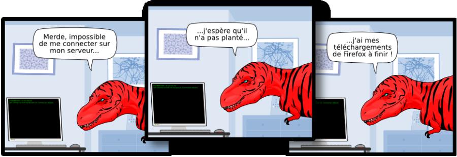 mozill@firefox:~$ ssh tea.rex ssh: connect to host tea.rex port 22: Connection refused  Merde, impossible de me connecter sur mon serveur... ...j'ai mes téléchargements de Firefox à finir ! ...j'espère qu'il n'a pas planté...