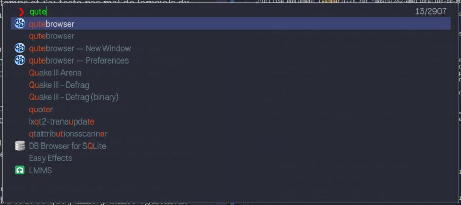 Un prompt avec la recheche de l'utilisateur, en haut à droite le nombre de résultat/nombre de choix possibles et en dessous de multiples lignes de résultats avec parfois une icone et la partie qui match en surbrillance.