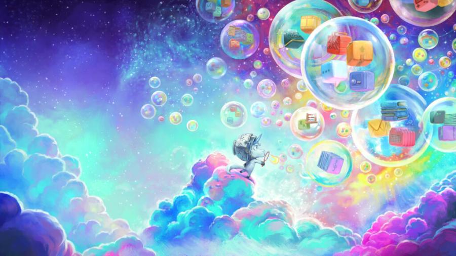 Une licorne déguisée en cosmonaute (avec une passoire sur la tête) marche sur les nuages et souffle des bulles. Dans ces bulles, on retrouve des cubes symbolisant le travail en commun (dossiers, boite à outils, livres, machine à écrire, boulier, etc.).