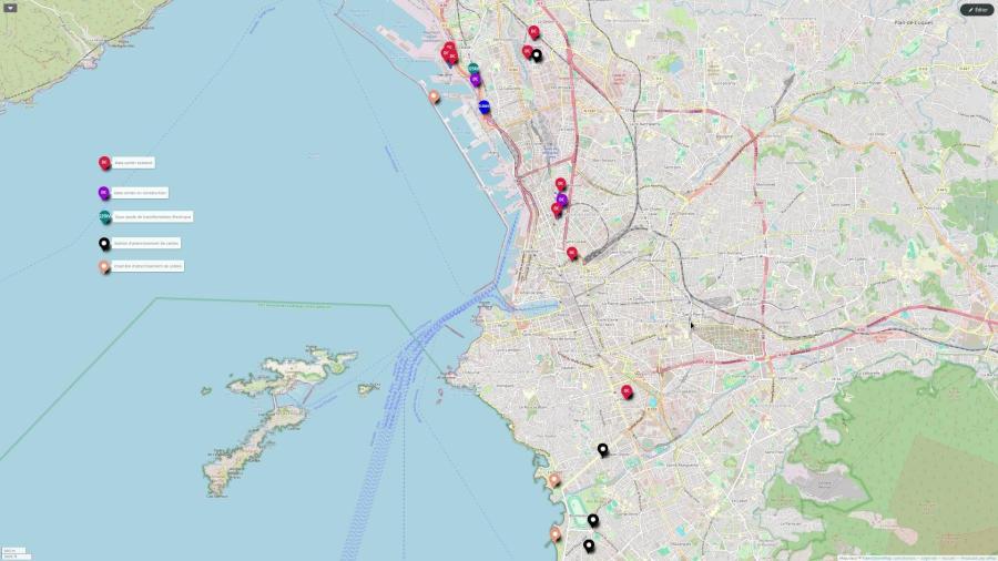 Carte des infrastructures numériques à Marseille. Travail de cartographie basé sur OpenStreetMap et des observations de terrain mené par le collectif Le nuage était sous nos pieds.