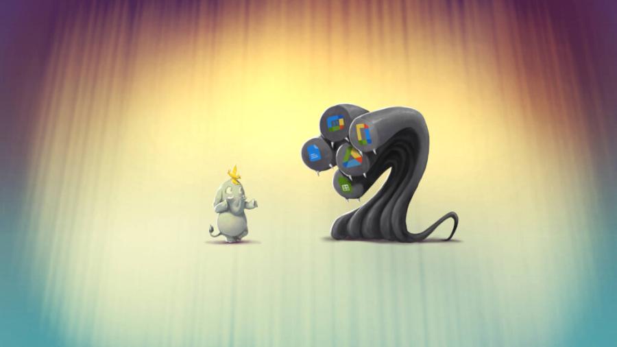 Dessin dans le style d'un jeu vidéo de combat, où s'affronte l'éléphant et le piaf de Dégooglisonse et le monstre de Google Suite.