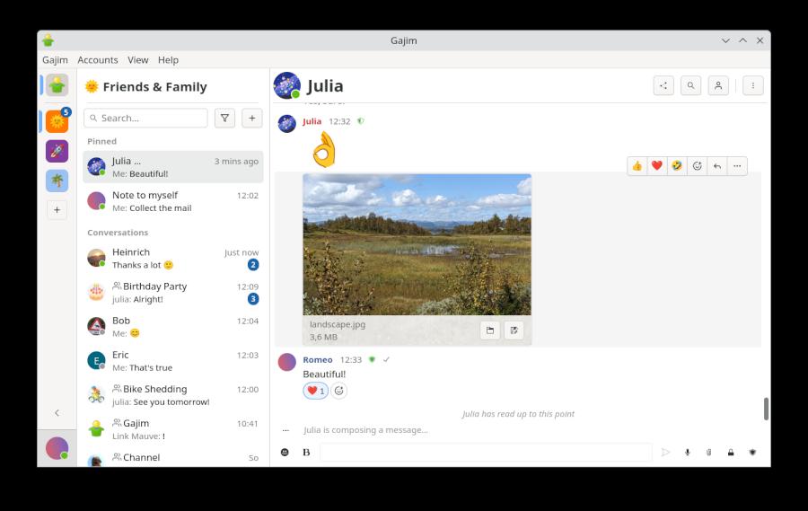 Source : https://xmpp.org/images/newsletter/2025-03-05/gajim_main-window.png Gajim 2.0: Chat window