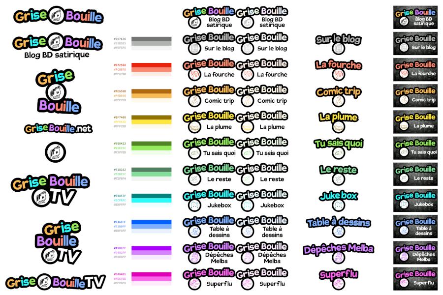 Les différentes variantes du logo, avec chaque catégorie et ses couleurs.