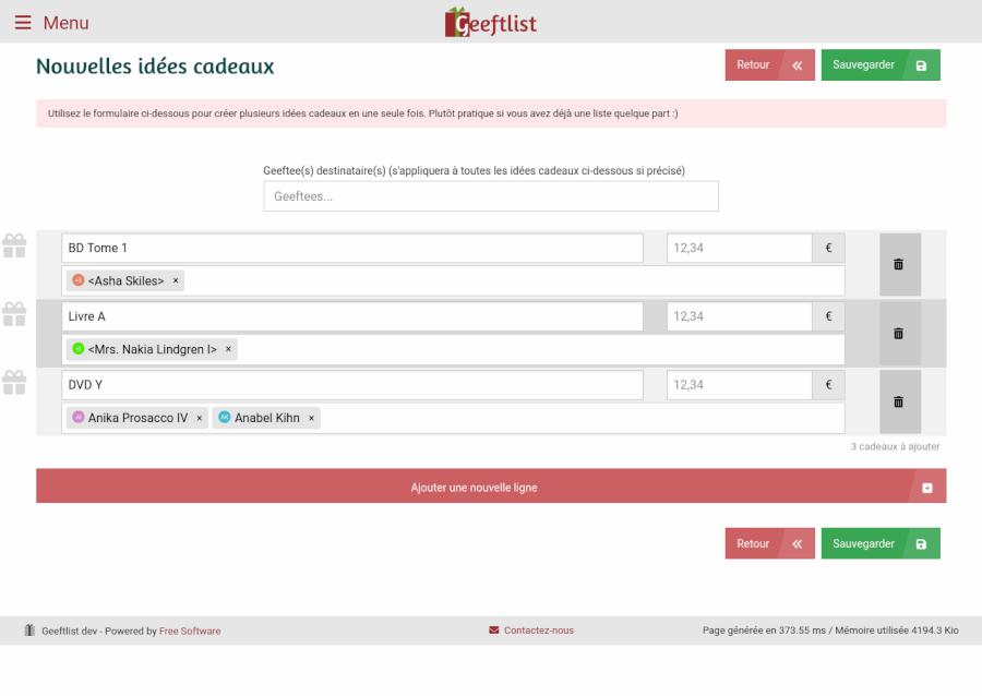 Geeftlist : Page de saisie de gifts en masse