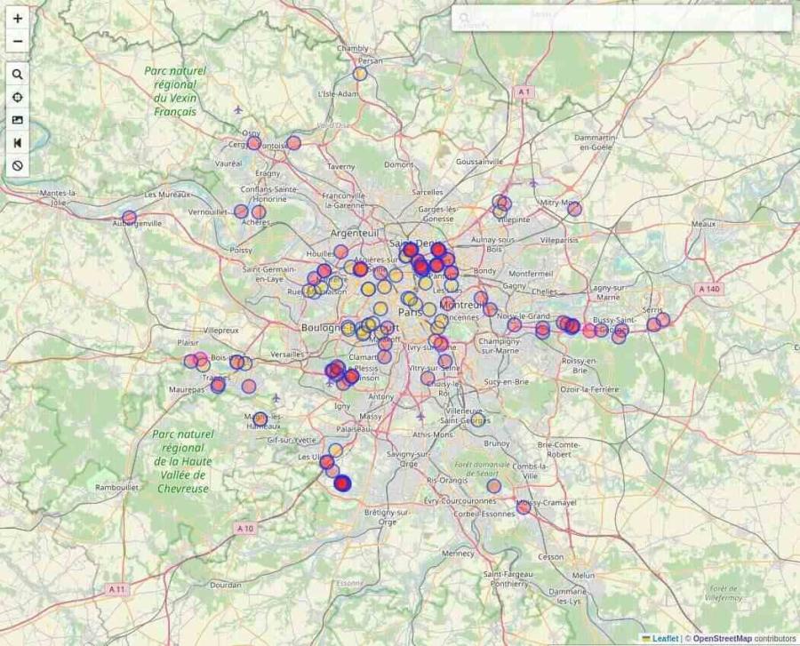 Carte des data centers en Île-de-France répertoriés sur OpenStreetMap, utilisant la requête Overpass https://overpass-turbo.eu/s/1Ulj.