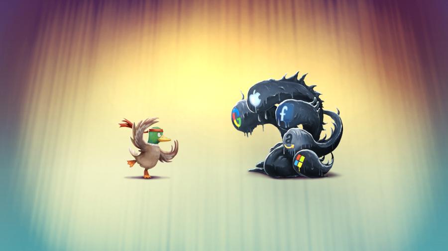 Dessin dans le style d'un jeu vidéo de combat, où s'affronte un canard karatéka et un monstre affublé des logos des GAFAM.