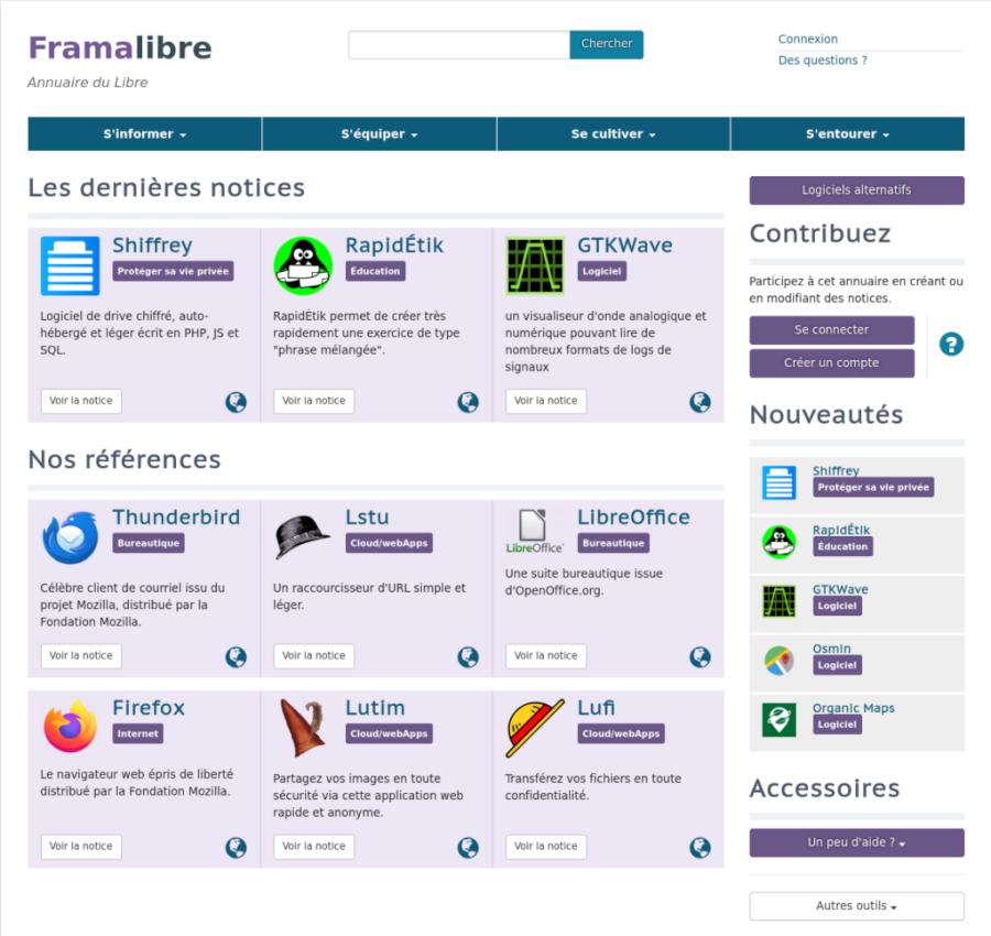 capture d'écran de l'accueil de framalibre 2017, chargé de menus variés